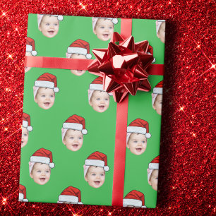 Aangepaste Gezichtsfoto Santa Hat Christmas Green Cadeaupapier