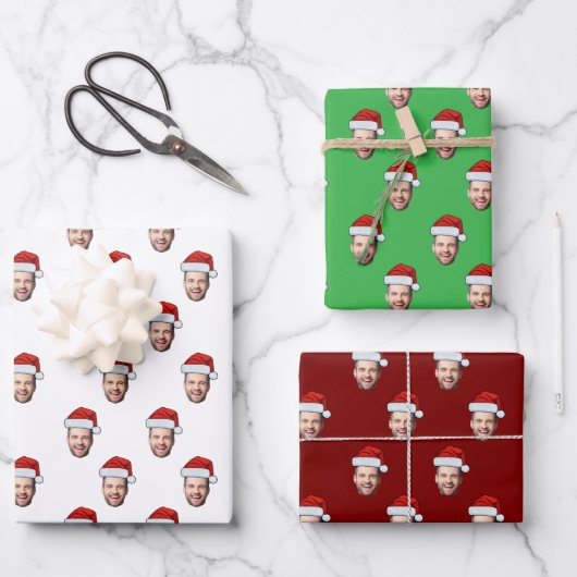 Aangepaste Gezichtsfoto Santa Hat Kerstcadeau Inpakpapier Vel (Voorkant)