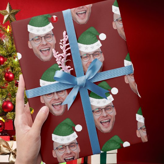 Aangepaste gezichtsfoto Santa Hoed Herhalend Patro Cadeaupapier
