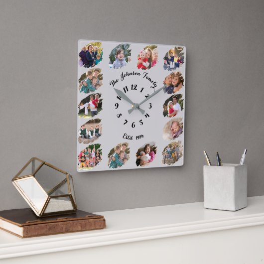 Aangepaste gezinscollage lichtgrijs grijs vierkante klok (Kantoor)