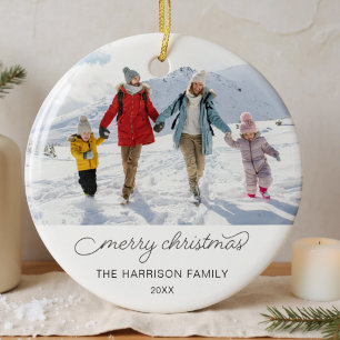 Aangepaste gezinsfoto Eenvoudig Prettig Kerstfeest Keramisch Ornament