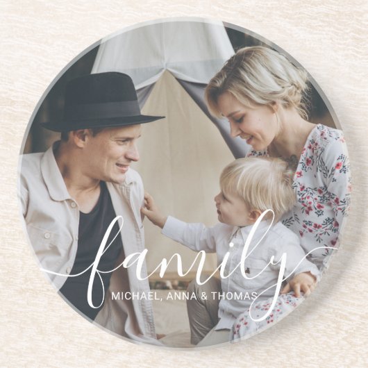 Aangepaste gezinsfoto met eigen naam zandsteen onderzetter (Voorkant)