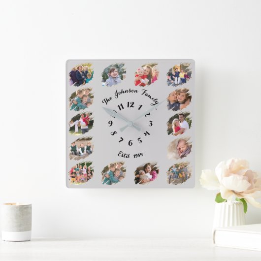 Aangepaste gezinsfoto mozaïek lichtgrijs grijs vierkante klok (Huis)