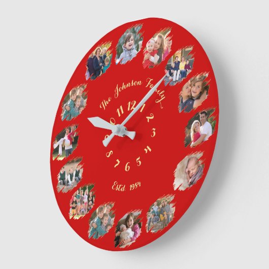 Aangepaste gezinsfotocollage Kerstmis Rood Grote Klok (Hoek)