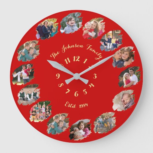 Aangepaste gezinsfotocollage Kerstmis Rood Grote Klok (Voorkant)