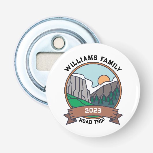 Aangepaste gezinshereniging Road Trip Mountain Button Flesopener (Voorkant)