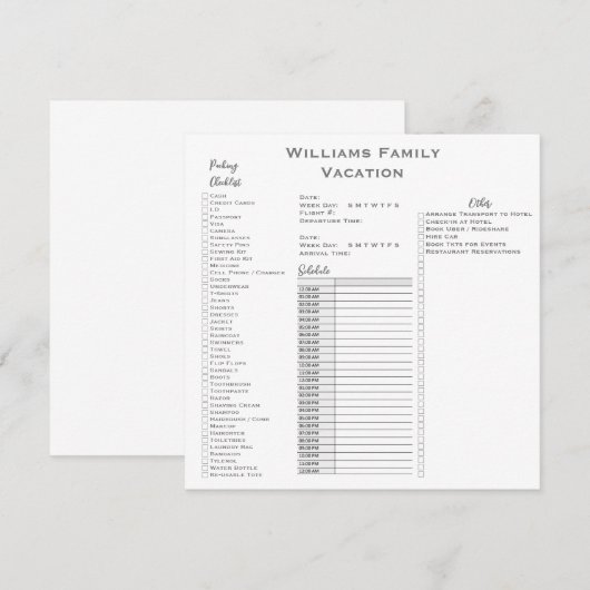 Aangepaste gezinsvakantie Check List Planner Kaart (Voorkant / Achterkant)