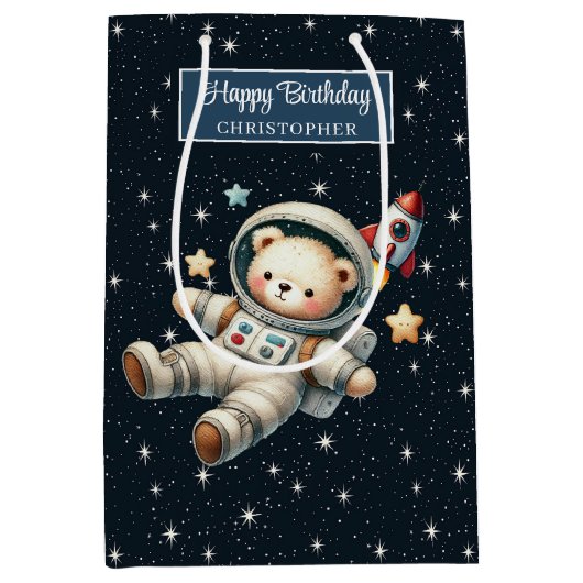 Aangepaste Gift Bag met Teddy Bear Astronaut Desig Medium Cadeauzakje (Voorkant)