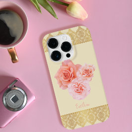 Aangepaste Girly Bloemen Roze en Gouden Damask Kan Case-Mate iPhone 14 Pro Hoesje