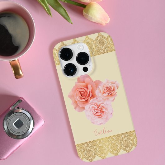 Aangepaste Girly Bloemen Roze en Gouden Damask Kan Case-Mate iPhone Case