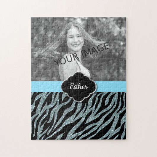 Aangepaste Girly Glitter Zilver Blauwgroen Fotosja Legpuzzel (Verticaal)