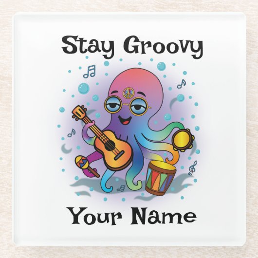 Aangepaste glazen coaster | Retro Octopus | Naam & Onderzetter (Voorkant)
