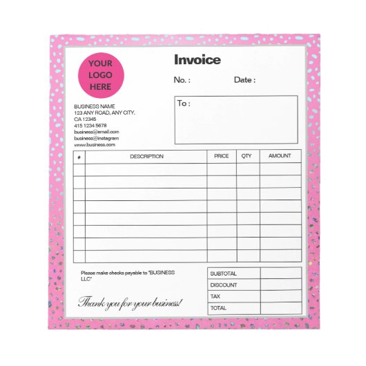 Aangepaste Glitter Roze Luipaardprint Factuur Notitieblok (Voorkant)