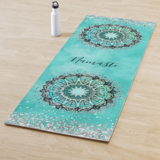 Aangepaste Glittery Lotus Mandala op Blauwgroen Yogamat (In situ)