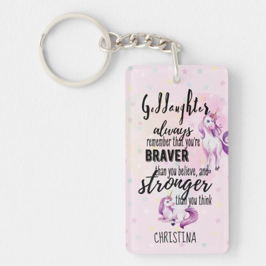 Aangepaste GODDAUGHTER Motivatie Quote Pink Unicor Sleutelhanger (Voorkant)
