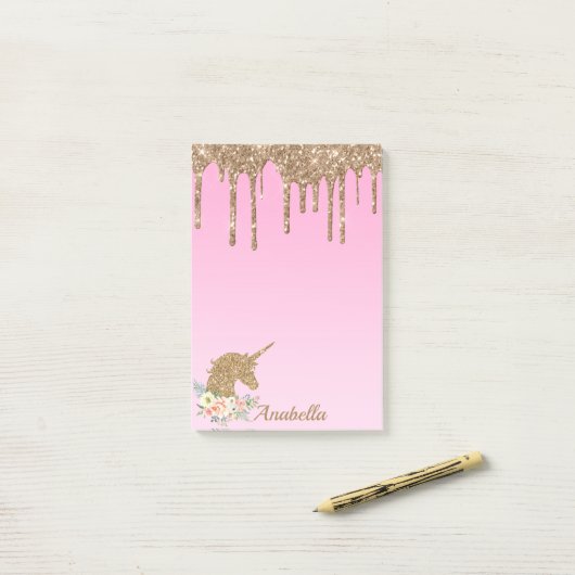 Aangepaste Gold Glitter-schijven Roze Floral Unico Post-it® Notes (Op bureau)