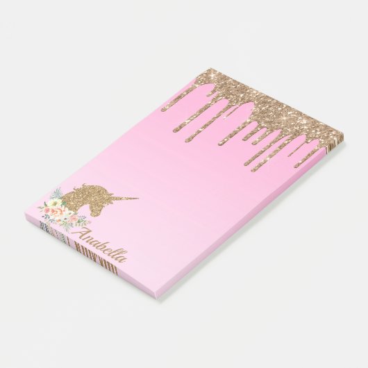 Aangepaste Gold Glitter-schijven Roze Floral Unico Post-it® Notes (Schuin)