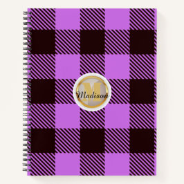 Aangepaste Gold monogram naam Chic Orchid Tartan Notitieboek
