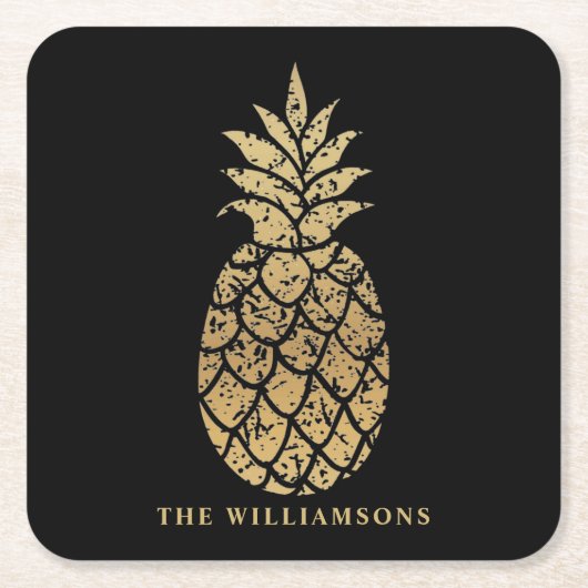 Aangepaste Gold Pineappel op zwart Kartonnen Onderzetters (Voorkant)