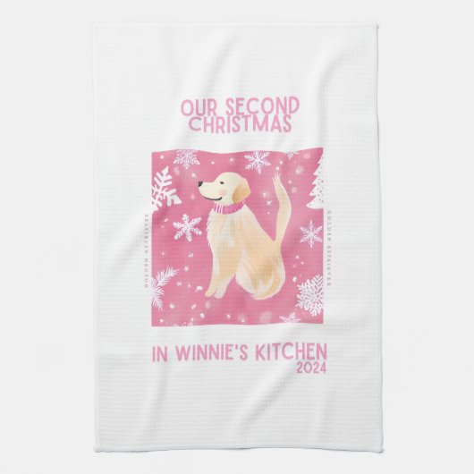 Aangepaste Golden Retriever Roze Kerst Thee Handdo Theedoek (Verticaal)