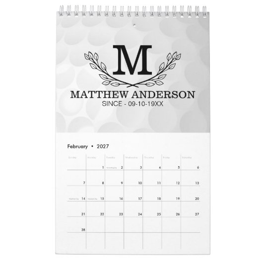 Aangepaste Golf Ball Pattern Name Monogram Age Kalender (Feb 2027)
