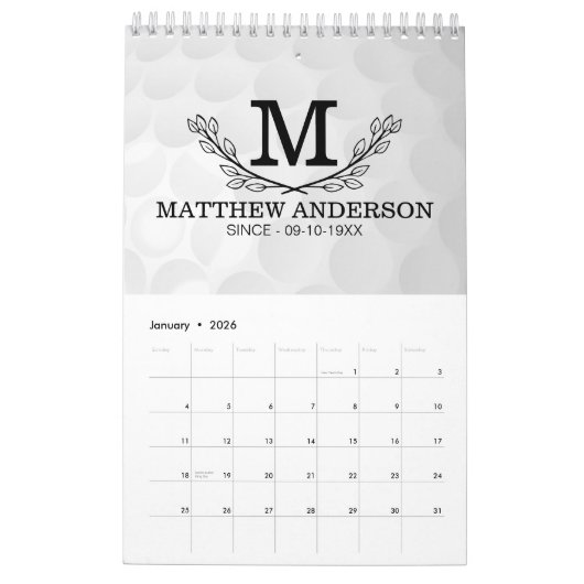 Aangepaste Golf Ball Pattern Name Monogram Age Kalender (Jan 2026)