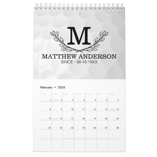 Aangepaste Golf Ball Pattern Name Monogram Age Kalender (Feb 2026)