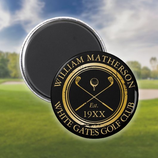 Aangepaste Golf Club Name Retro Stamp Black en Gol Magneet