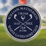 Aangepaste Golf Hole in een Award Navy Blue Metalen Ornament<br><div class="desc">Geef de naam,  het nummer van de locatie en de datum een persoonlijk tintje om een fantastisch golfspel te creëer om dat fantastische gat in één te vieren. Ontworpen door: Thisnotme©</div>