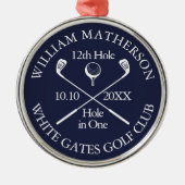 Aangepaste Golf Hole in One Award Navy Blauwe Metalen Ornament (Voorkant)