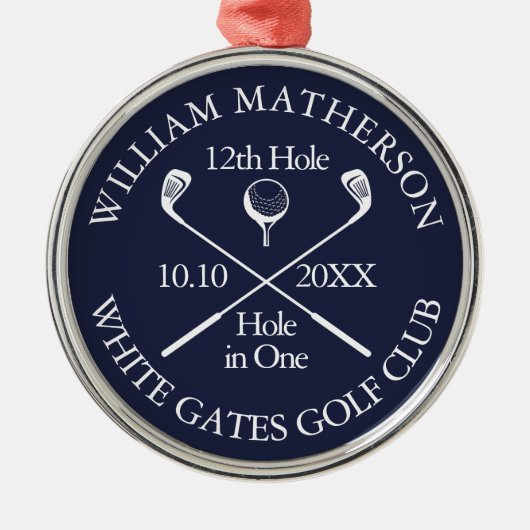 Aangepaste Golf Hole in One Award Navy Blauwe Metalen Ornament (Voorkant)