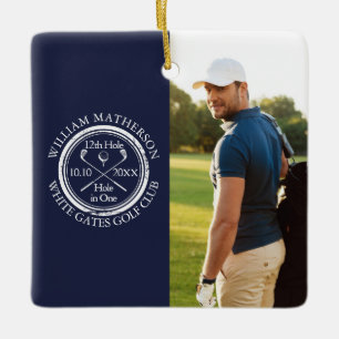 Aangepaste golf hole-in-one foto golfer navyblauw keramisch ornament