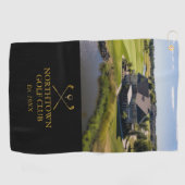 Aangepaste golfclub naam en foto zwart en goud golfhanddoek (Horizontaal)