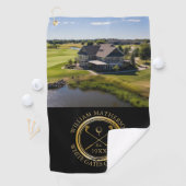Aangepaste golfclub naam en foto zwart en goud golfhanddoek (Insitu)