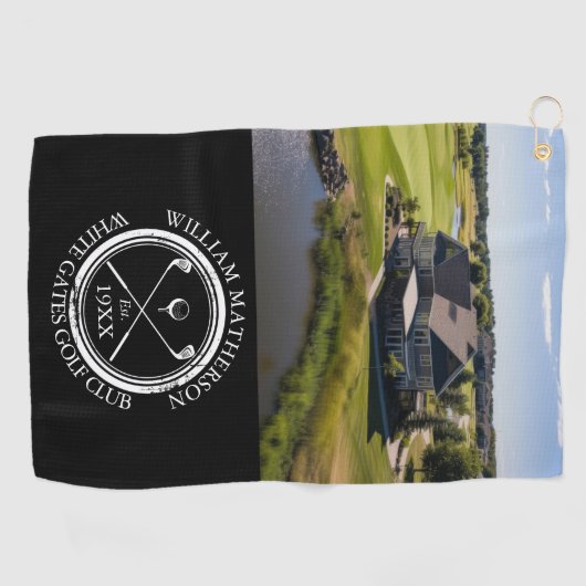 Aangepaste golfclubnaam en zwart-witfoto golfhanddoek (Horizontaal)