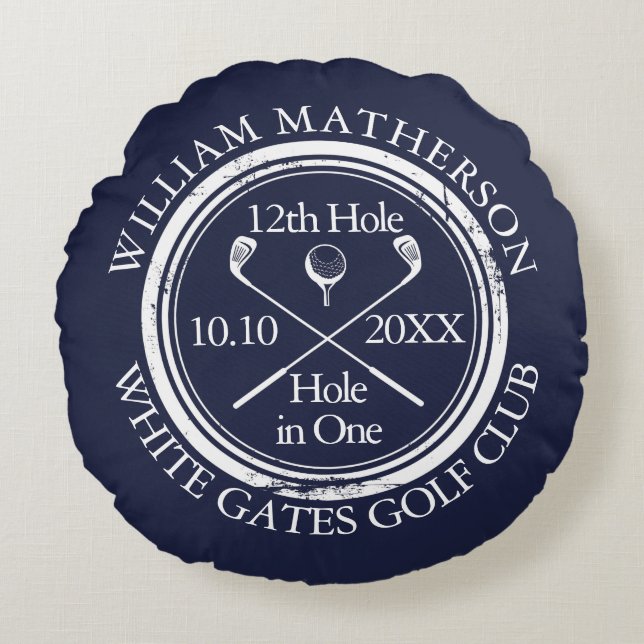 Aangepaste golfhole hole-in-one foto marineblauw rond kussen (Voorkant)
