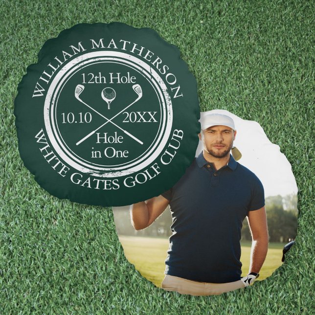Aangepaste golfhole-in-één-foto Emerald Green Rond Kussen (Custom Golf Hole in One Photo Emerald Green Round Pillow)