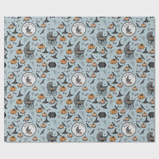 Aangepaste Gothic Blue Baby Carriage Halloween Cadeaupapier (Vlak)