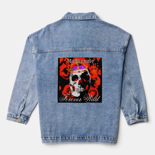 Aangepaste Gotische Schedel Rode Rozen Denim Jacket (Achterkant)