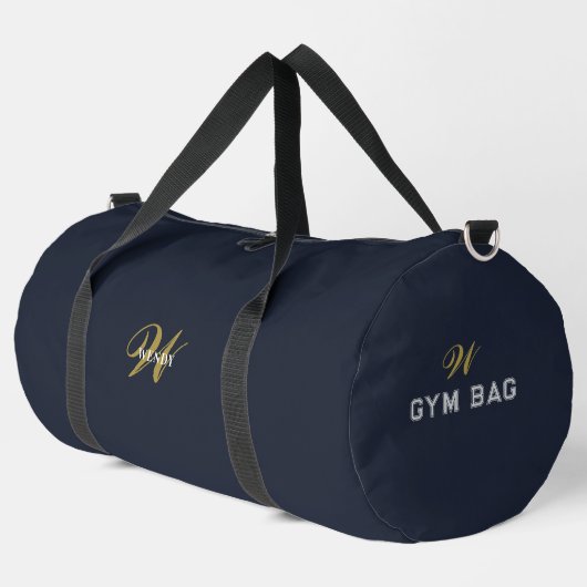 Aangepaste Goud Navy Blauwe Monogram Eerste Fitnes Plunjezak (Linkerhoek)