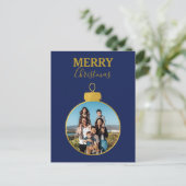 Aangepaste Gouden Blauwe Foto Ornamenten Kerst Feestdagenkaart (Staand voorkant)