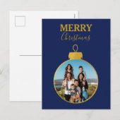 Aangepaste Gouden Blauwe Foto Ornamenten Kerst Feestdagenkaart (Voorkant / Achterkant)