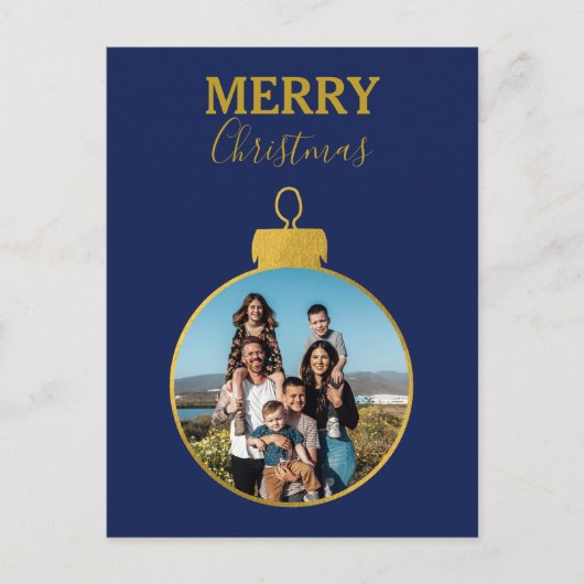 Aangepaste Gouden Blauwe Foto Ornamenten Kerst Feestdagenkaart (Voorkant)