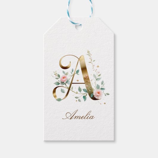 Aangepaste gouden bloemige monogram initiaal A cad Cadeaulabel (Voorkant)