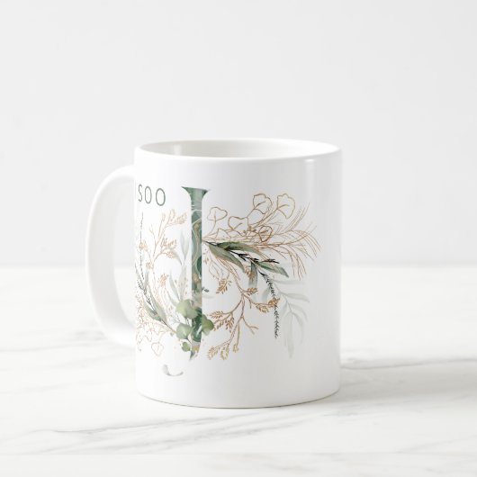 Aangepaste Gouden Botanische Eucalyptus Monogram " Koffiemok (Voorkant links)