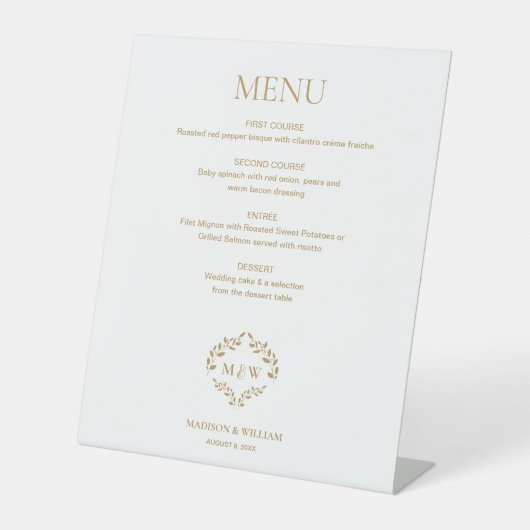 Aangepaste gouden bruiloft Menu Teken met Monogram Reclamebord Met Voetstuk (Voorkant)