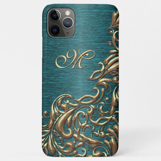 Aangepaste Gouden Damask Bloempatroon Blauwgroen B Case-Mate iPhone Case (Achterkant)