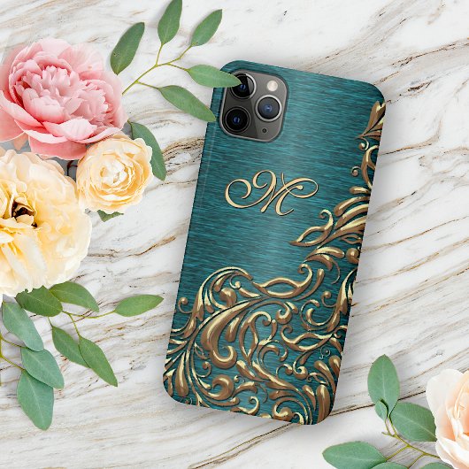 Aangepaste Gouden Damask Bloempatroon Blauwgroen B Case-Mate iPhone Case