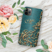 Aangepaste Gouden Damask Bloempatroon Blauwgroen B iPhone Hoesje