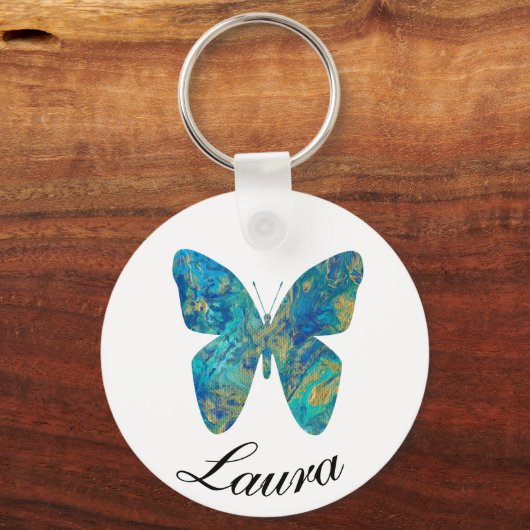 Aangepaste gouden en blauwe vlinder- sleutelhanger (Voorkant)